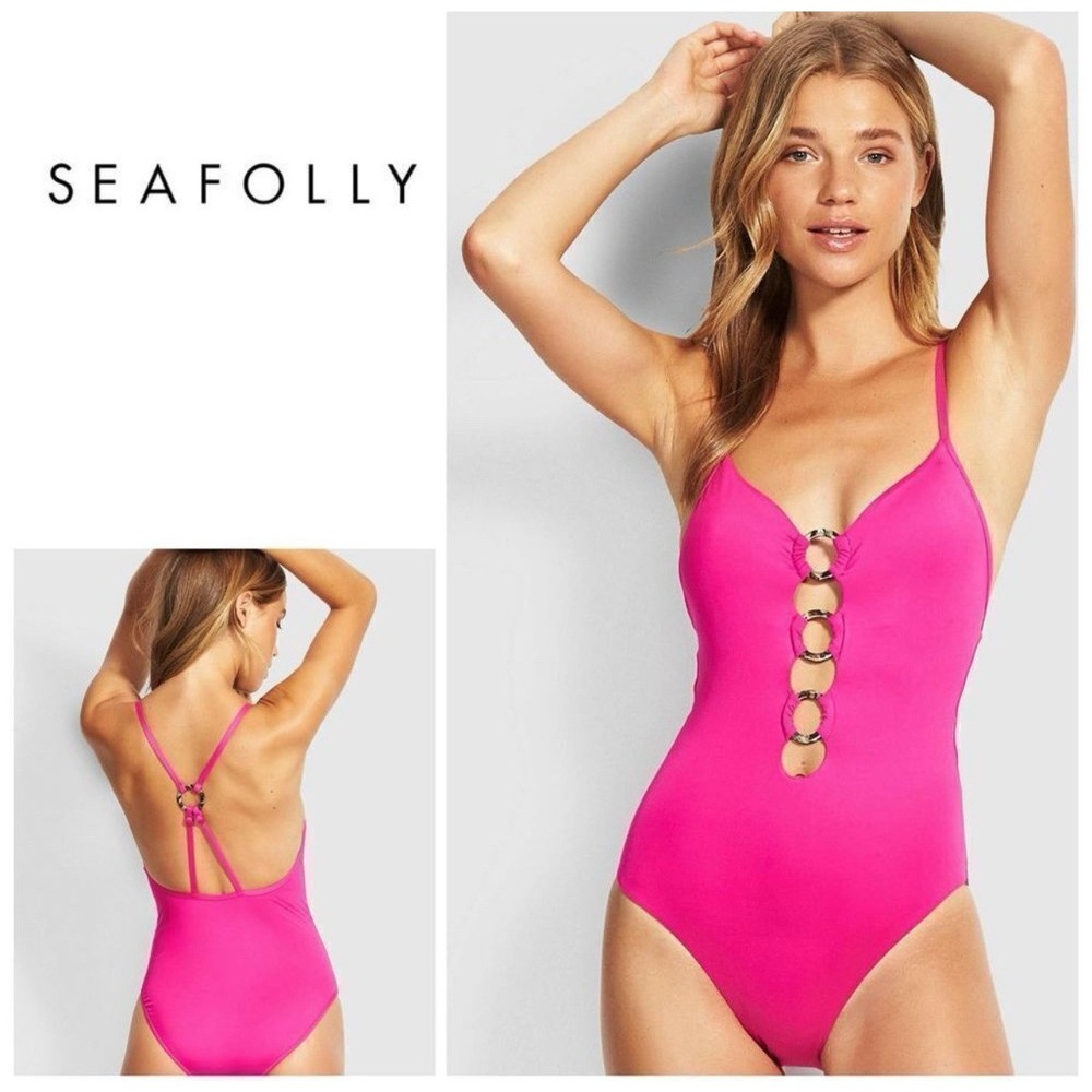 Seafolly Size 4 Hot Pink O-Ring Front Maillot Backless Swimsuit